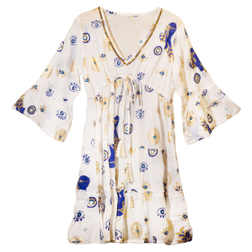 (LXL) Nomad Sari  - Dress -  White , Blue & Gold Evil Eye Design