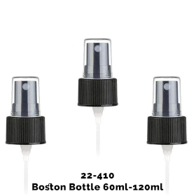 50x Spray Cap Amber Boston Bottle (for 120ml) - Black Plastic 22-410