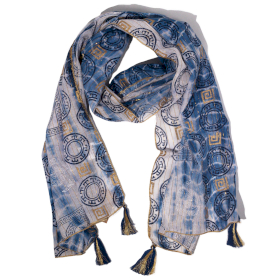 Nomad Sari  - Summer Scarf -  180x50cm - Marbella Print - Blue with Gold Trim