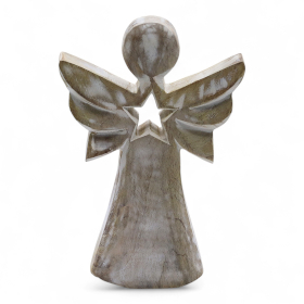 6x Mango Wood Angel - Whitewash with Star Cut Out - 18cm