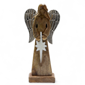 2x Large Mango Wood Peace Angel Metal Wings & Enamel Detail - 30cm