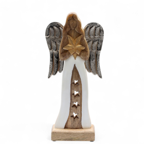 3x Large Mango Wood Star Angel Metal Wings & Enamel Detail - 30cm