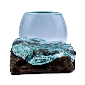 Molten Glass Mini Goldfish Bowl on Wood 20cm