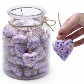 50x Large Decor Wood Hearts -  Purple Flower - in Display Jar