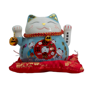 Ceramic Money Cat Moving Hand - Blue on Cushion (battery not included)