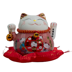 Ceramic Money Cat Moving Hand - Pink on Cushion (battery not included)