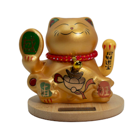 Solar Money Cat Wooden Base - Gold - Moving Hand