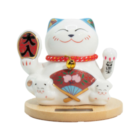 Solar Money Cat Wooden Base - Blue - Moving Hand