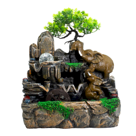 Tabletop Water Feature -30x20x35cm - Elephants in Love, Crystal Ball, Light & Watermill