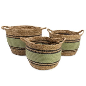 Cotton & Seagrass Large Baskets - Natural Black & Green- Set of 3