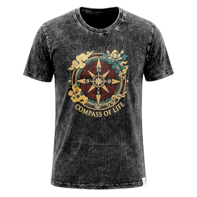 Large Stone Washed T-Shirt - Compass of Life - Charcoal