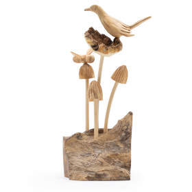 Handmade Parasite Wood Art Carving - Bird & Bee on Mushrooms