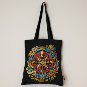 10x Iconic Classic Tote Bag - Compass of Life - Black 6oz (40x36cm)