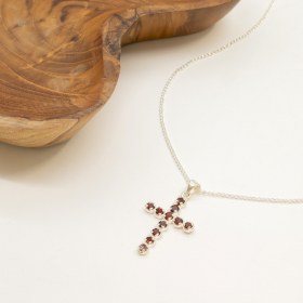 Devotional Pendant - Silver Plated (45cm Chain)- Garnet Crucifix