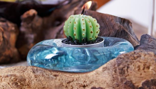 Molten Glass Candle Single Holder on Wood