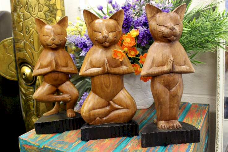 Wooden Yoga Cat Statue