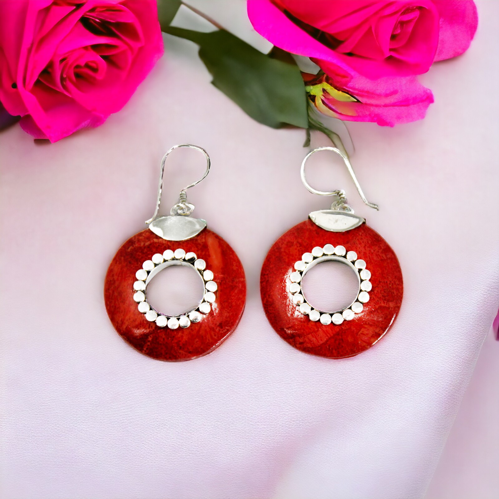 925 Silver Red Coral Earrings