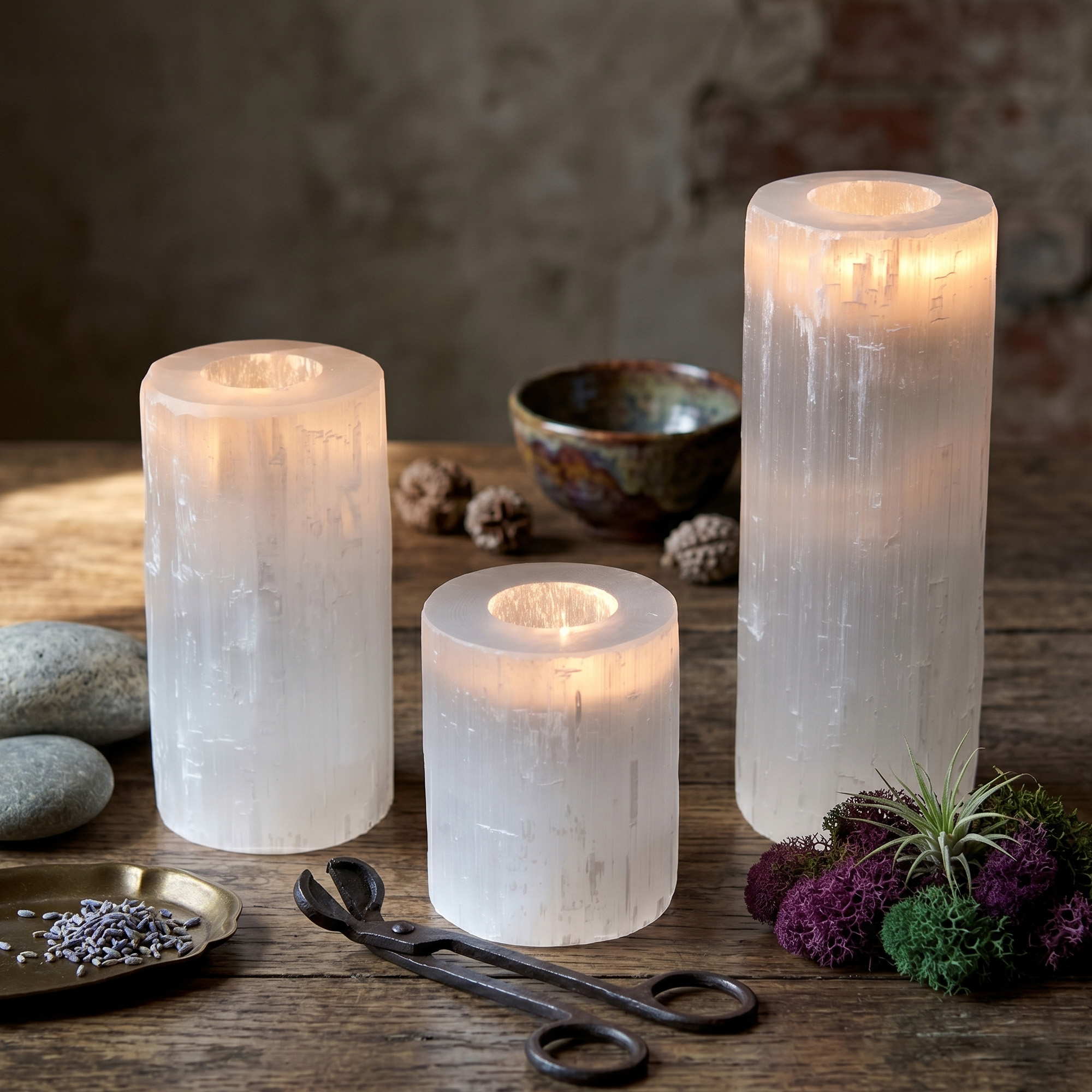 selenite candle holders