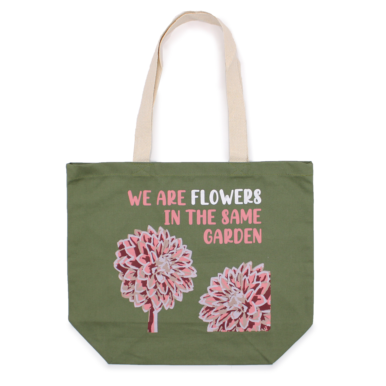 Wholesale Printed Cotton Bag We are Flowers Olive, Pink and Natural